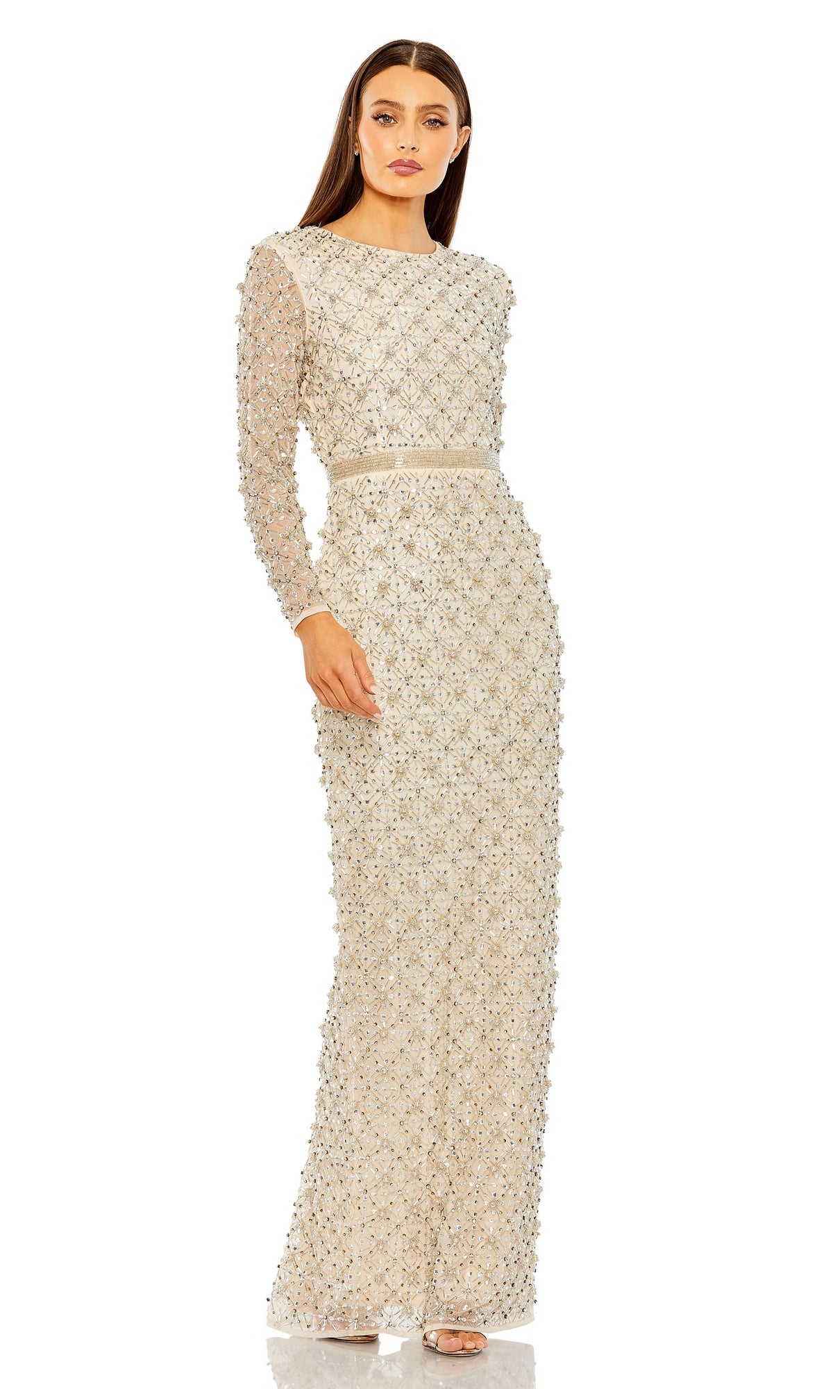 A woman exudes grace and elegance in the Long Formal Dress 93827 by Mac Duggal, her white gown embodying timeless style.